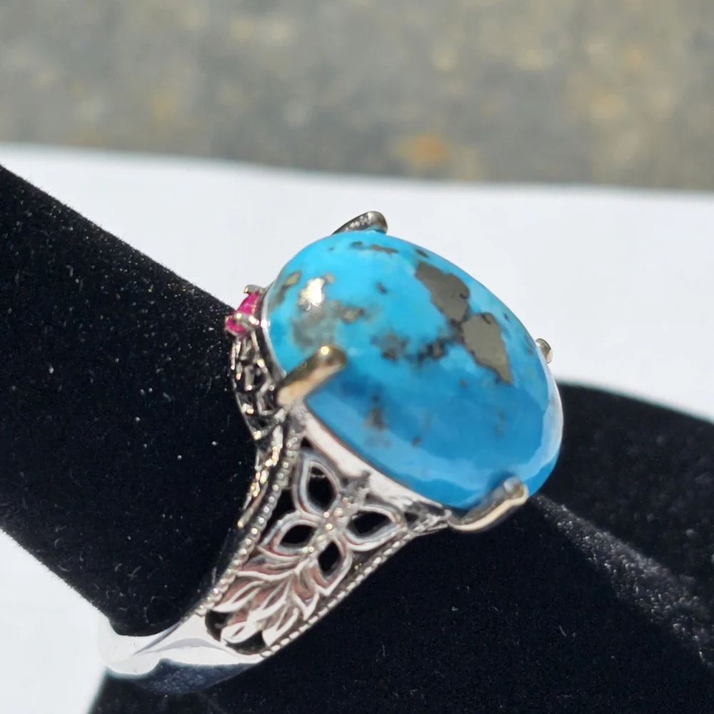 Genuine Turquoise w/Pyrite & Ruby Platinum/925 🦋 Size 9! - Picture 5 of 8